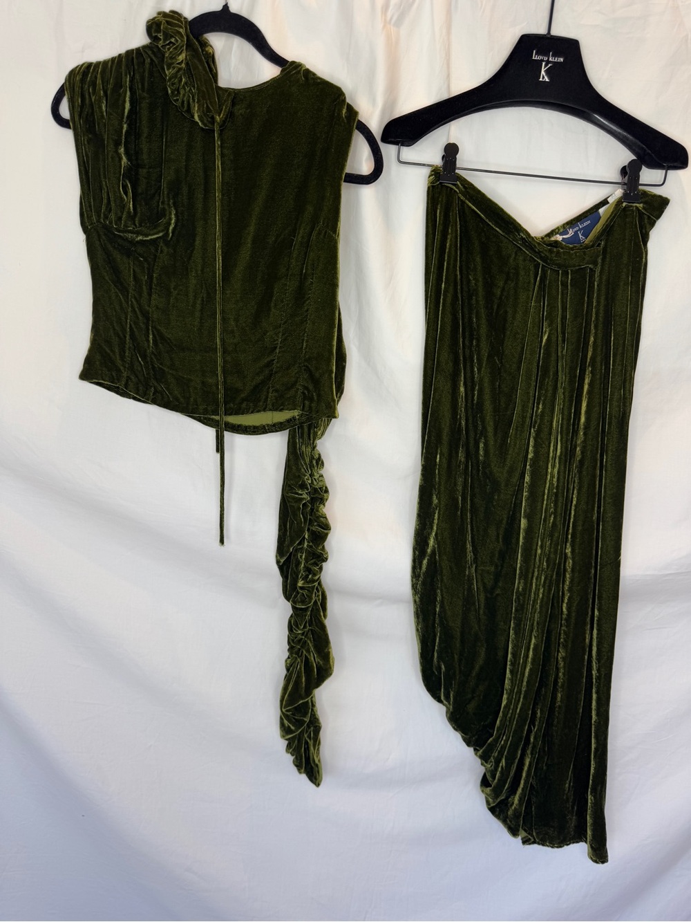 Lloyd Klein Runway Olive Green Velvet Silk Asymmetric Skirt, Top, Sleeve Set